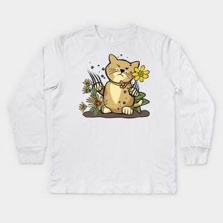 Angry Cat in Flower Garden Kids Long Sleeve T-Shirt